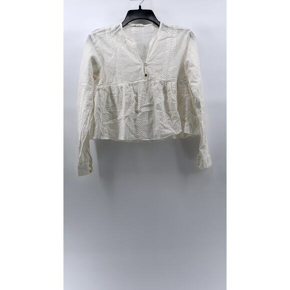 NIC & JO Women's White Embroidered Eyelet V-Neck Long Sleeve Ruffle-Hem Top SZ M - Picture 1 of 9